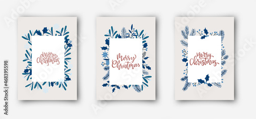 Ornate vertical winter holidays greeting cards with New Year tree branches, Christmas ornaments and hanwritten calligraphy design. Set of Vector illustrations. photo