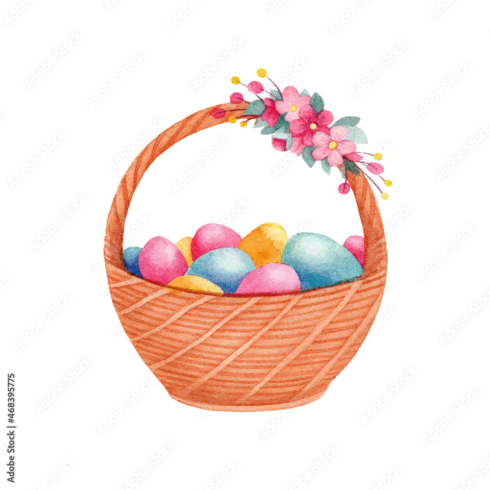 Watercolor hand drawn basket of easter eggs. Nice festive Easter element on white backgroun isolated.