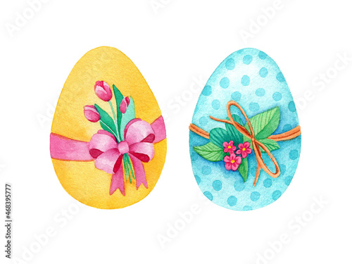 Hand drawn watercolor Easter eggs on white background isolated. Yellow and blue colors. Nice festive decor.