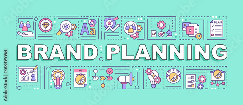 Brand planning word concepts banner. Promoting business. Infographics with linear icons on blue background. Isolated creative typography. Vector outline color illustration with text