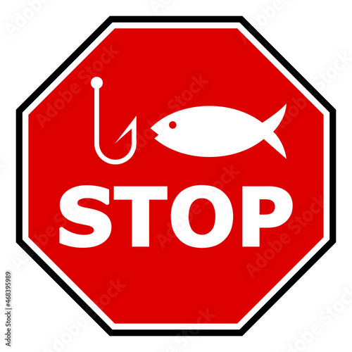 Fishing stop octagon raster icon on a white background. An isolated flat icon illustration of fishing stop octagon with nobody.