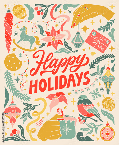 Happy holidays. Vintage greeting card. Linocut typographic banner. Colorful floral elements. Christmas decorations, crackers, garlands, bell, ribbon bow, champagne and sparklers illustrations.