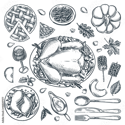Thanksgiving holiday dishes top view illustration. Vector hand drawn sketch menu design elements on white background.