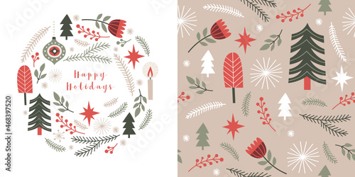 Christmas wheart and seamless pattern. 