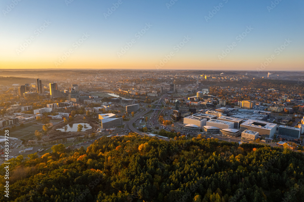 Aerial autumn fall sunrise view of Vilnius panorama, Lithuania