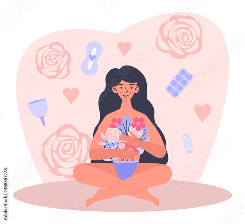 Menstrual period concept. Various products for women intimate hygiene. Pads, tampons, pills or menstrual cup. Female character with flowers in her underwear. Cartoon modern flat vector illustration