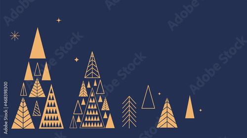 Simple Christmas background, elegant geometric minimalist style. Happy new year banner. Snowflakes, decorations and Xmas trees elements. Retro clean concept design
