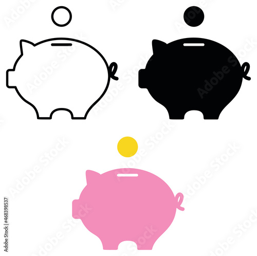 Simple Piggy Bank Clipart Set - Outline, Silhouette and Color