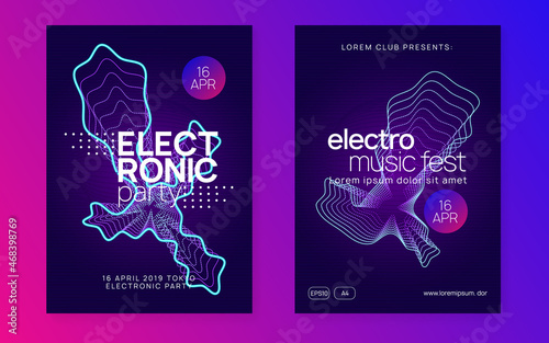 Dj event neon flyer. Techno trance party. Electro dance music. Electronic sound. Club fest poster.