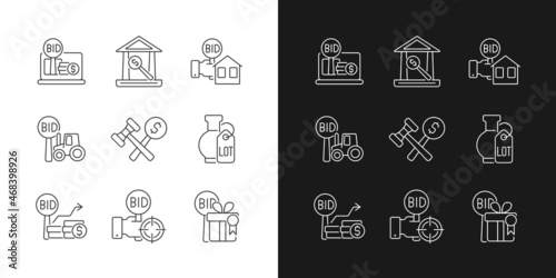 Types of bargaining linear icons set for dark and light mode. Auction house. Bidding for farm equipment. Customizable thin line symbols. Isolated vector outline illustrations. Editable stroke