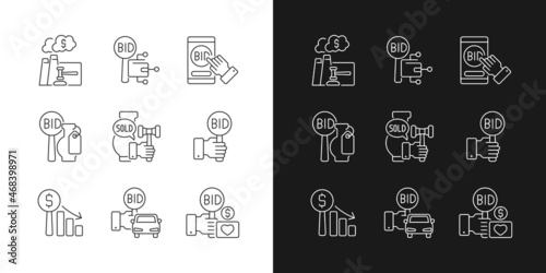 Types of auctions linear icons set for dark and light mode. Auctioneer. Bidding for vehicles and fine art. Customizable thin line symbols. Isolated vector outline illustrations. Editable stroke