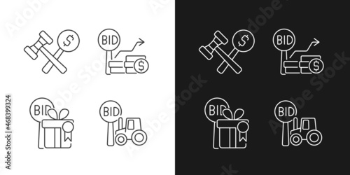 Agriculture auction components linear icons set for dark and light mode. Auction winner. Farm equipment selling. Customizable thin line symbols. Isolated vector outline illustrations. Editable stroke