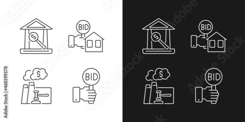 Bargaining for property linear icons set for dark and light mode. Real estate selling. Emission auction. Bidding. Customizable thin line symbols. Isolated vector outline illustrations. Editable stroke