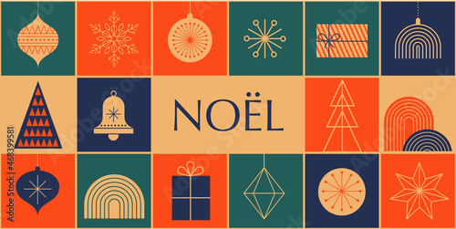 Simple Christmas background, elegant geometric minimalist style. Happy new year banner. Snowflakes, decorations and Xmas trees elements. Retro clean concept design