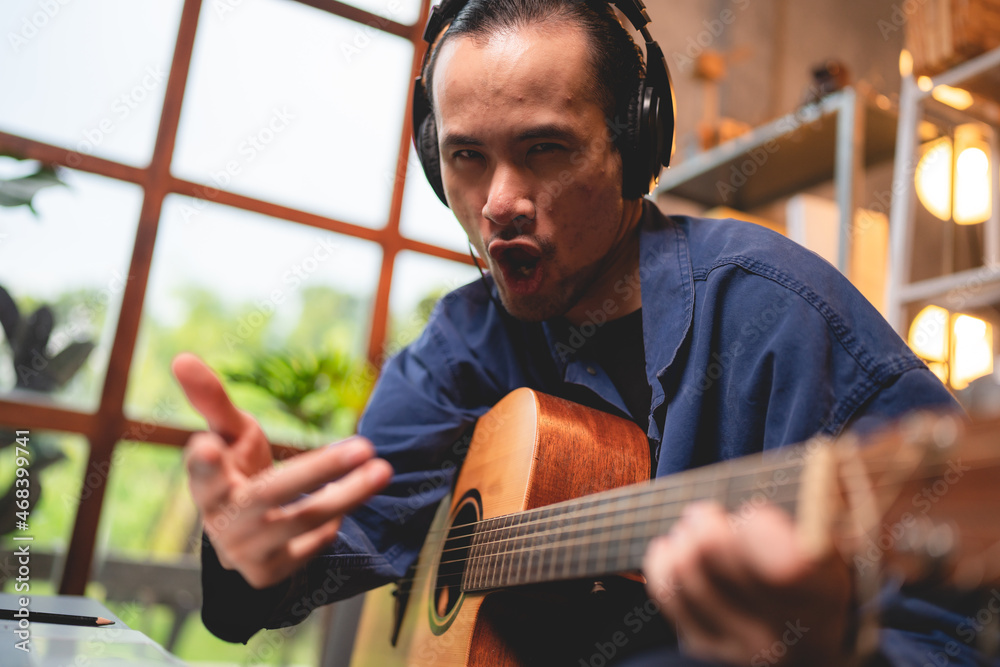 singer Artist working to record a sound and live streaming online communication, working from home singer Artist working to record a sound and live streaming online communication, working from home