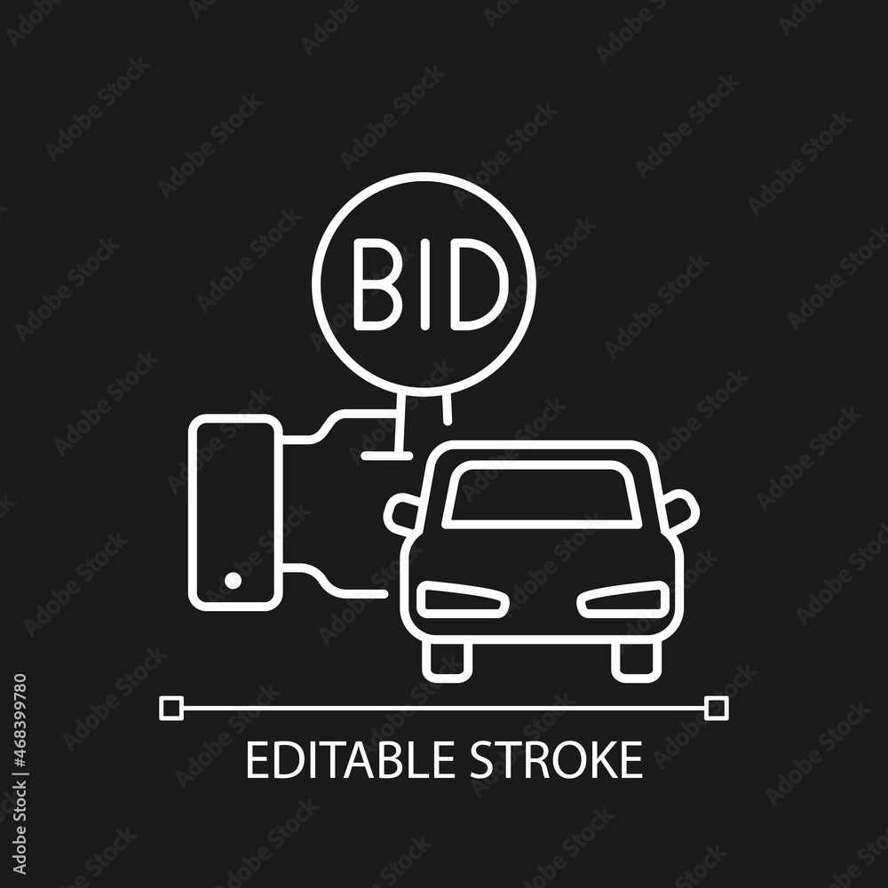 Vehicle auction linear icon for dark theme. Bidding paddle. Automobile selling. Highest offer wins. Thin line customizable illustration. Isolated vector contour symbol for night mode. Editable stroke Vehicle auction linear icon for dark theme. Bidding paddle. Automobile selling. Highest offer wins. Thin line customizable illustration. Isolated vector contour symbol for night mode. Editable stroke