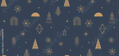 Simple Christmas background, golden geometric minimalist elements and icons. Happy new year banner. Xmas tree, snowflakes, decorations elements. Retro clean concept design