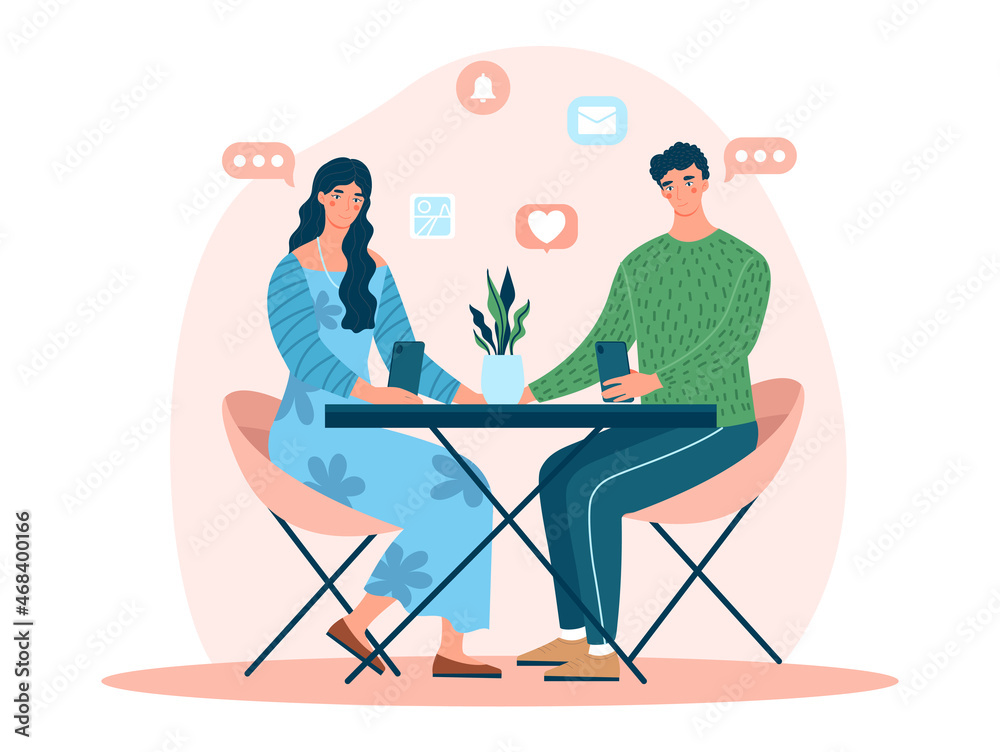 Couple using gadgets. Young men and women sitting at table and looking at smartphones. Communication at distance. Online chat. Romantic date with digital devices. Cartoon flat vector illustration