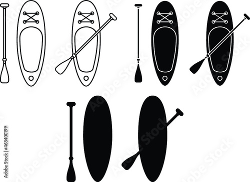 Paddleboard and Paddle Clipart Set - Outline and Silhouette