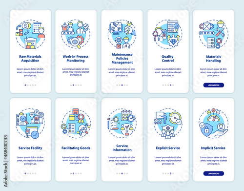 Operations management onboarding mobile app page screen set. Production control walkthrough 5 steps graphic instructions with concepts. UI, UX, GUI vector template with linear color illustrations