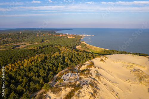 Aerial autumn fall sunrise view of Parnidis Dune in Nida, Curonian Spit, Lithuania