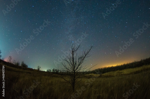 stars in the mountains forest in the night . Night landscape. Nightsky and clouds . Stars in the sky . Lights of the city . Evening forest . Landscapes of Ukraine . Night and morning time 