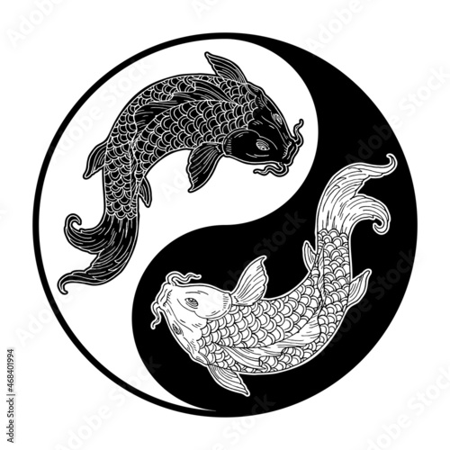 Two koi carps. Yin yang symbol. Vintage engraving monochrome illustration. Isolated on white