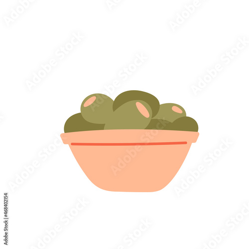 Olives in a bowl. Healthy Mediterranean food. Spanish or Greek fruit. Italian pitted olives. Vector cartoon illustration