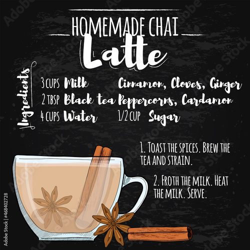 Masala Chai Latte Hot Drink illustration recipe on blackboard