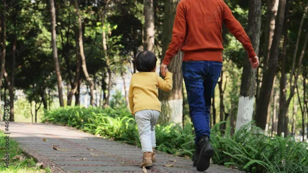 Slow motion back view asian mother holding baby girl's hand walking on the small path in the autumn sunny park family lifestyle of daughter playing with parent in the woods nature 4k clip Slow motion back view asian mother holding baby girl's hand walking on the small path in the autumn sunny park family lifestyle of daughter playing with parent in the woods nature 4k clip