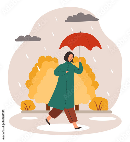 Girl with umbrella concept. Young woman in coat walks in rainy autumn weather. Character walks down street with puddles. Wind and low temperature. Cartoon contemporary flat vector illustration