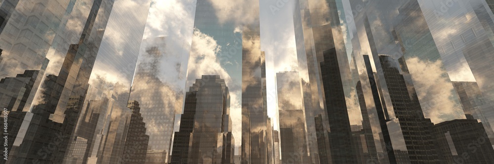 Obraz premium Skyscrapers at sunset, modern high-rise buildings in the clouds at sunrise, 3D rendering