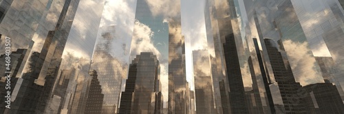 Skyscrapers at sunset, modern high-rise buildings in the clouds at sunrise, 3D rendering