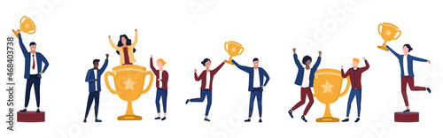 Set of happy competition champions. Male and female winners hold gold trophies in hand. Successful entrepreneurs awarded with prize or cup. Cartoon flat vector collection isolated on white background