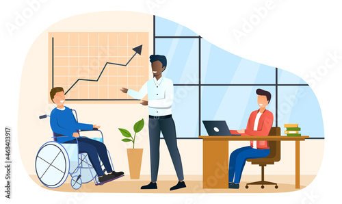 Inclusive office concept. Different people analyze statistics and work on project together. Meeting of employees or partners. People with disabilities. Cartoon modern flat vector illustration