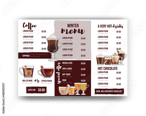 Winter Drinks Trifold Menu Template on white background