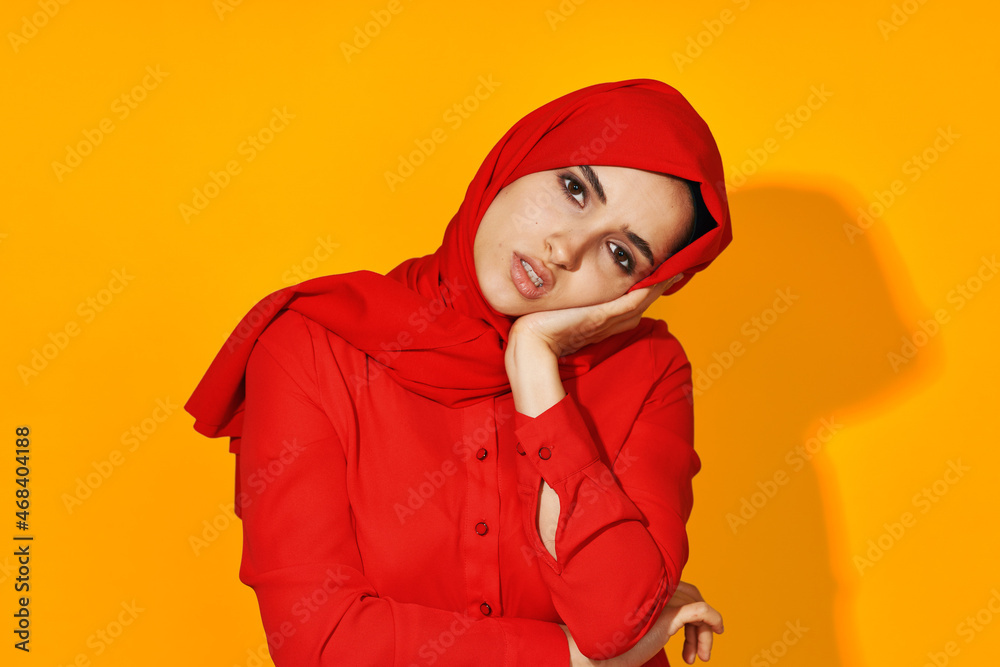 woman in red hijab muslim clothing fashion modern style isolated background