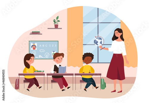 School geography lesson. Female teacher holds globe and tells children about countries and cities. Elementary school or kindergarten. Boys and girls at their desks. Cartoon flat vector illustration