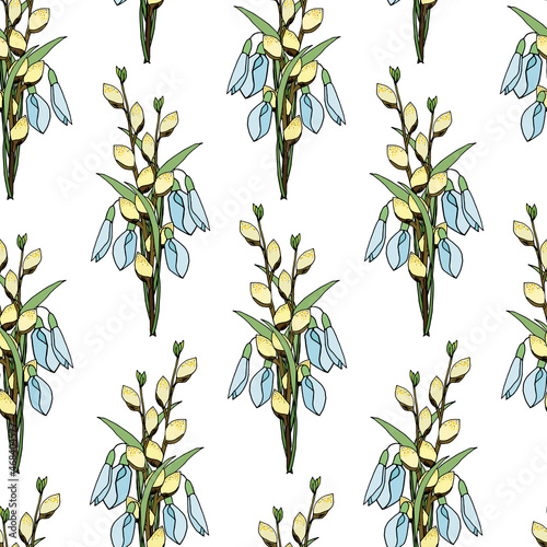 Seamless pattern with a print of bouquets of spring flowers snowdrops, pussy willow.