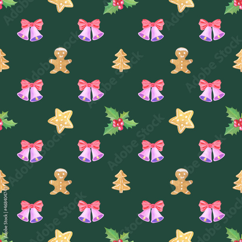 Christmas seamless pattern with the image of a holly branch, bells, gingerbreads in the shape of a star, spruce, little men, watercolor illustration on a green background.