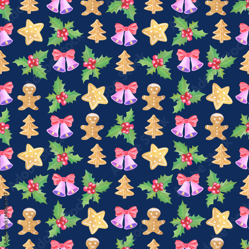 Christmas seamless pattern with the image of a holly branch, bells, gingerbreads in the shape of a star, a fir tree, a man, watercolor illustration on a blue background.