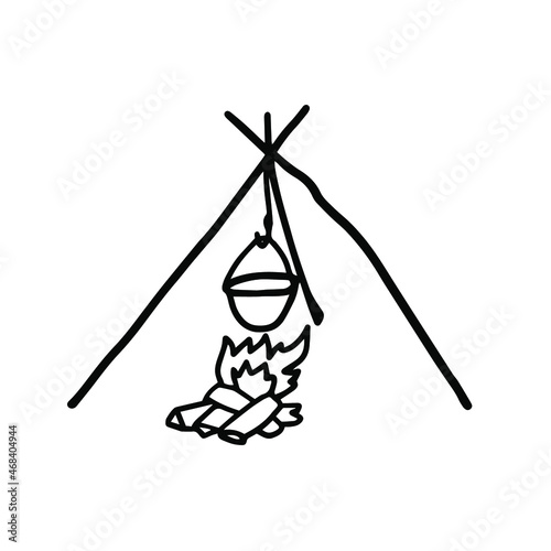 Hiking bowler in doodle style. Camping fire. Isolated vector.