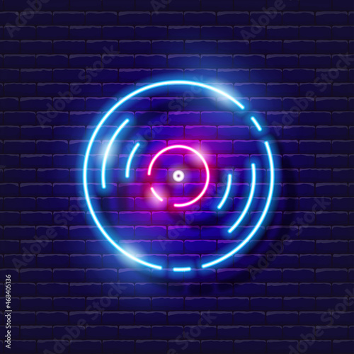 Music plate neon icon. Music glowing sign. Music concept. Vector illustration for Sound recording studio design, advertising, signboards, vocal studio.