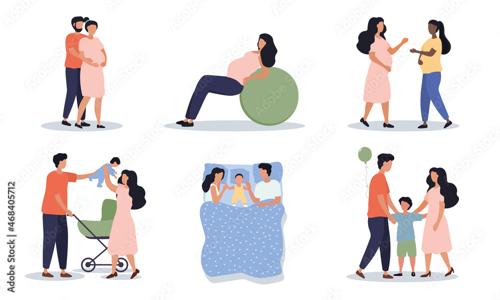 Pregnacy and motherhood. Collection of pictures on which girl preparing for birth of child. Caring for baby. Happy family images set. Cartoon flat vector illustrations isolated on white background
