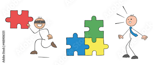 Thief stickman steals one of the joined puzzle pieces and runs away, while stick businessman is surprised, hand drawn outline cartoon vector illustration.