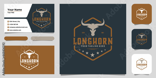 Texas Longhorn, Country Western Bull Cattle Vintage Label Logo Design. Logo design and business card