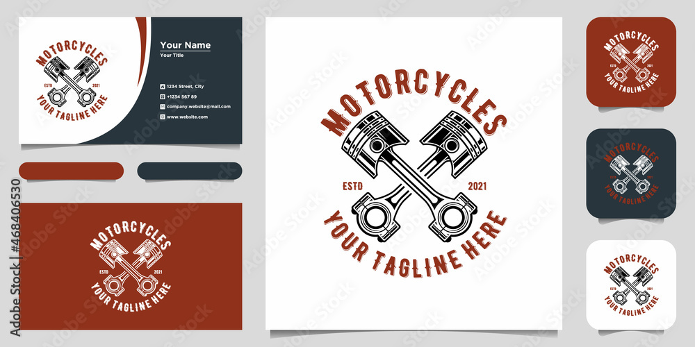 Vintage motorcycle repair service label with inscriptions and crossed pistons isolated vector illustration. Logo design and business card