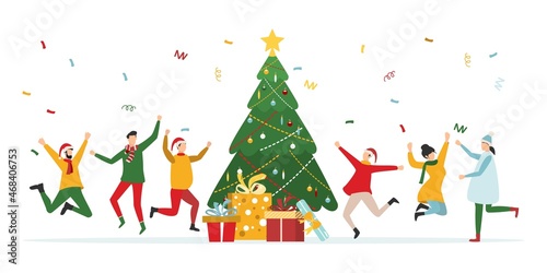 Happy people at a Christmas and New Year's corporate party. Positive men and women dancing and having fun. Set of modern vector characters.