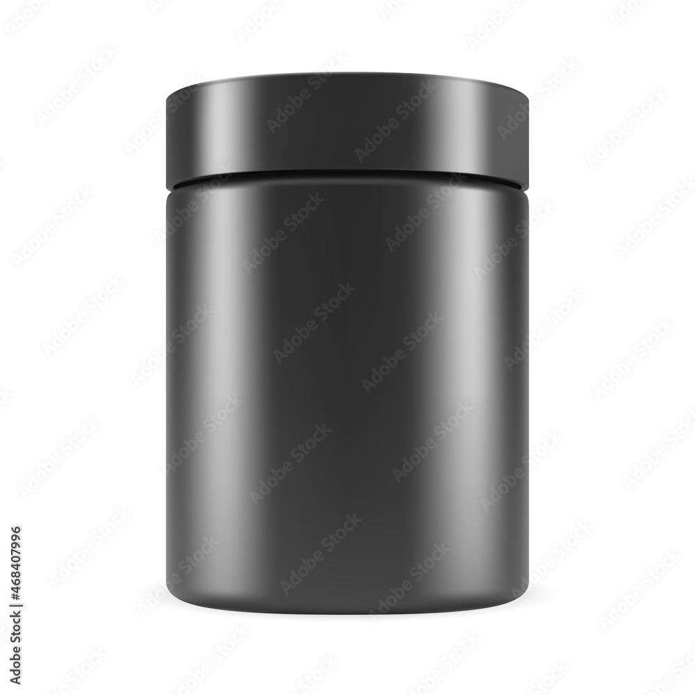 Black protein jar mockup. Sport supplement glossy plastic pack. Cylinder can for sport nutrition, bcaa vitamin tablets, bodybuilding or fitness nutrient. Premium black packaging, 3d vector Black protein jar mockup. Sport supplement glossy plastic pack. Cylinder can for sport nutrition, bcaa vitamin tablets, bodybuilding or fitness nutrient. Premium black packaging, 3d vector