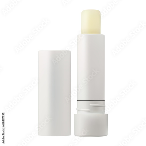 Lip balm stick. White lipstick tube, beauty cosmetic packaging blank. Lip care moisturizing product package. Hygienic lip balsam open pack mock up template. Natural lip treatment closeup
